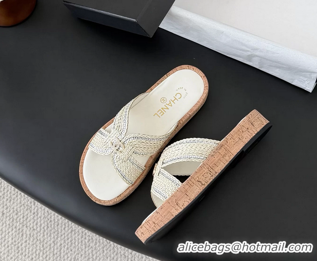 Good Looking Chanel CC White Raffia Flat Slides Sandals Shoes 6051205