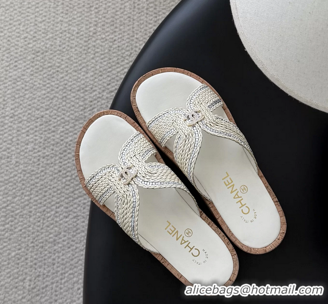 Good Looking Chanel CC White Raffia Flat Slides Sandals Shoes 6051205
