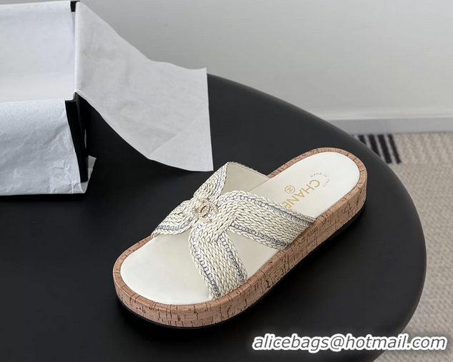 Good Looking Chanel CC White Raffia Flat Slides Sandals Shoes 6051205