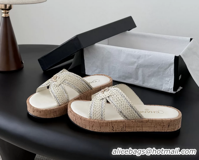 Good Looking Chanel CC White Raffia Flat Slides Sandals Shoes 6051205