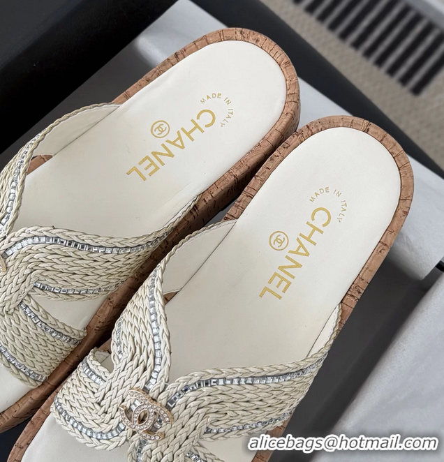 Good Looking Chanel CC White Raffia Flat Slides Sandals Shoes 6051205