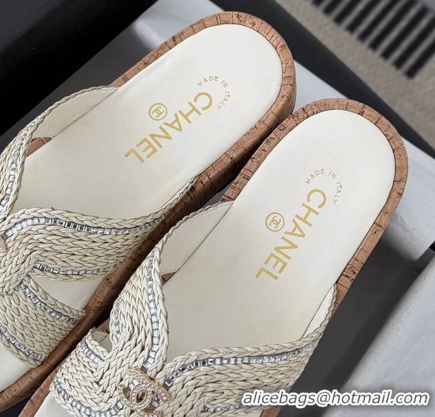 Good Looking Chanel CC White Raffia Flat Slides Sandals Shoes 6051205