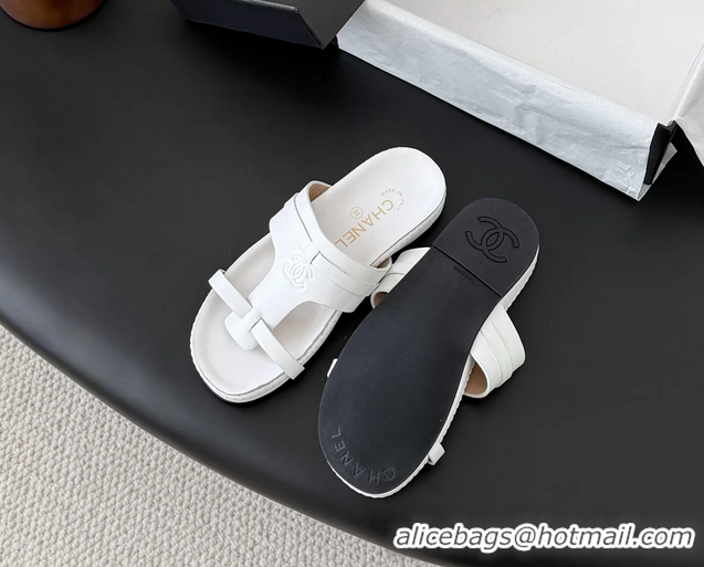 Grade Quality Chanel CC Logo White Calfskin Leather Flat Mules Slides Sandals Shoes 6051206