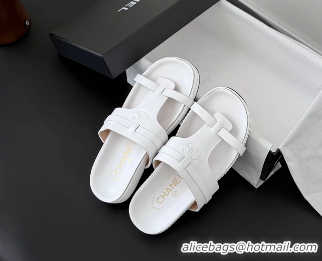 Grade Quality Chanel CC Logo White Calfskin Leather Flat Mules Slides Sandals Shoes 6051206