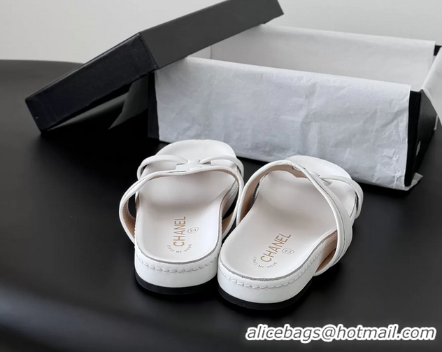 Grade Quality Chanel CC Logo White Calfskin Leather Flat Mules Slides Sandals Shoes 6051206