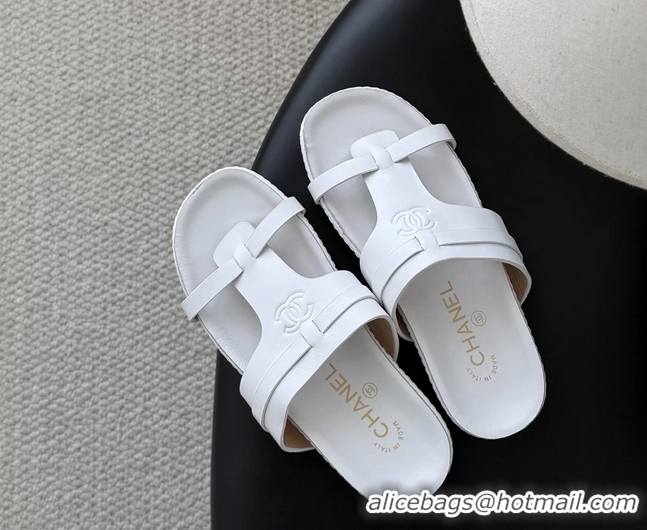 Grade Quality Chanel CC Logo White Calfskin Leather Flat Mules Slides Sandals Shoes 6051206