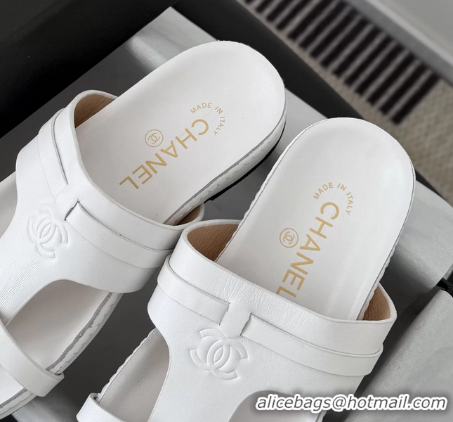 Grade Quality Chanel CC Logo White Calfskin Leather Flat Mules Slides Sandals Shoes 6051206