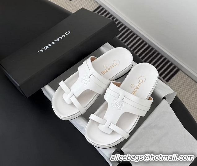 Grade Quality Chanel CC Logo White Calfskin Leather Flat Mules Slides Sandals Shoes 6051206