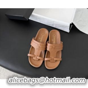 Duplicate Chanel CC Logo Brown Calfskin Leather Flat Mules Slides Sandals Shoes 6051206