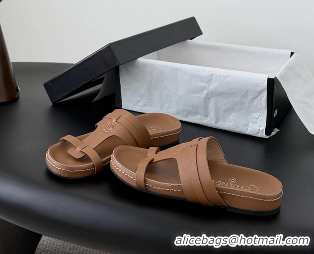 Duplicate Chanel CC Logo Brown Calfskin Leather Flat Mules Slides Sandals Shoes 6051206