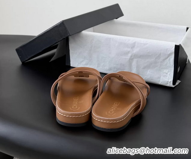 Duplicate Chanel CC Logo Brown Calfskin Leather Flat Mules Slides Sandals Shoes 6051206