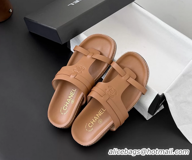 Duplicate Chanel CC Logo Brown Calfskin Leather Flat Mules Slides Sandals Shoes 6051206