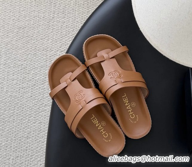 Duplicate Chanel CC Logo Brown Calfskin Leather Flat Mules Slides Sandals Shoes 6051206