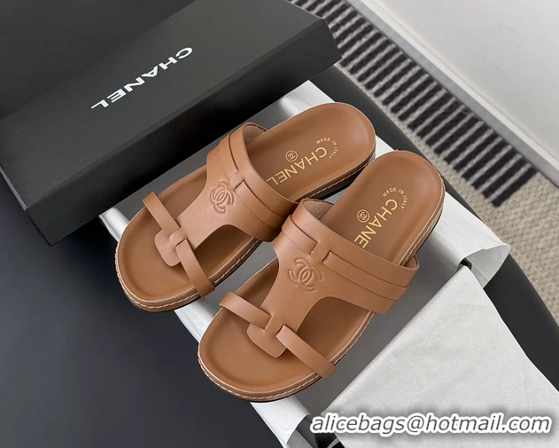 Duplicate Chanel CC Logo Brown Calfskin Leather Flat Mules Slides Sandals Shoes 6051206