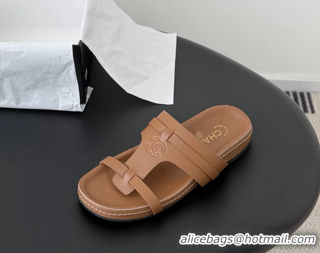 Duplicate Chanel CC Logo Brown Calfskin Leather Flat Mules Slides Sandals Shoes 6051206