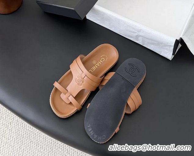 Duplicate Chanel CC Logo Brown Calfskin Leather Flat Mules Slides Sandals Shoes 6051206