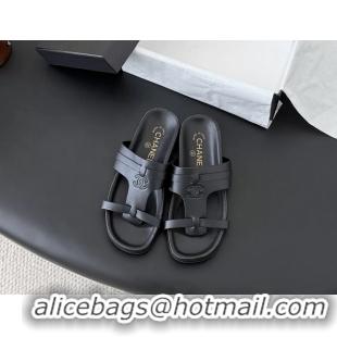 Buy Discount Chanel CC Logo Black Calfskin Leather Flat Mules Slides Sandals Shoes 6051206