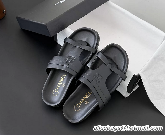 Buy Discount Chanel CC Logo Black Calfskin Leather Flat Mules Slides Sandals Shoes 6051206