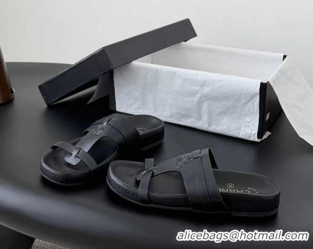 Buy Discount Chanel CC Logo Black Calfskin Leather Flat Mules Slides Sandals Shoes 6051206