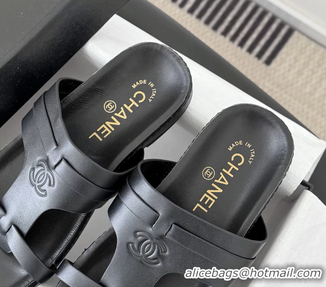 Buy Discount Chanel CC Logo Black Calfskin Leather Flat Mules Slides Sandals Shoes 6051206