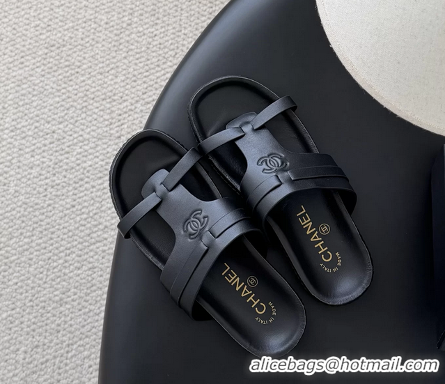 Buy Discount Chanel CC Logo Black Calfskin Leather Flat Mules Slides Sandals Shoes 6051206