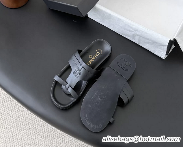 Buy Discount Chanel CC Logo Black Calfskin Leather Flat Mules Slides Sandals Shoes 6051206