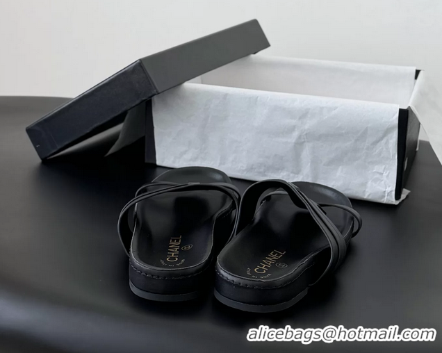 Buy Discount Chanel CC Logo Black Calfskin Leather Flat Mules Slides Sandals Shoes 6051206