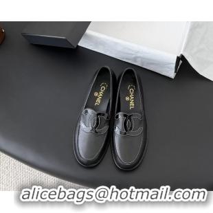 Top Grade Chanel CC Logo Black Calfskin Leather Flat Loafers Shoes 6051206