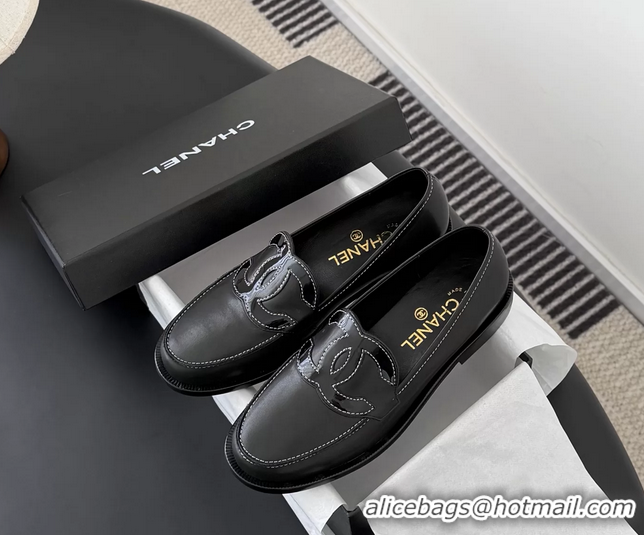 Top Grade Chanel CC Logo Black Calfskin Leather Flat Loafers Shoes 6051206