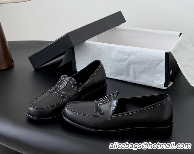 Top Grade Chanel CC Logo Black Calfskin Leather Flat Loafers Shoes 6051206