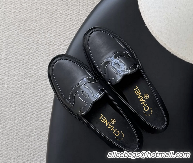 Top Grade Chanel CC Logo Black Calfskin Leather Flat Loafers Shoes 6051206