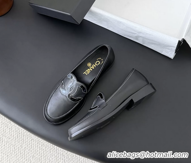 Top Grade Chanel CC Logo Black Calfskin Leather Flat Loafers Shoes 6051206