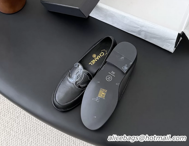 Top Grade Chanel CC Logo Black Calfskin Leather Flat Loafers Shoes 6051206