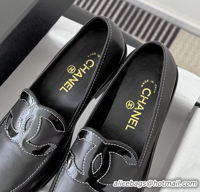 Top Grade Chanel CC Logo Black Calfskin Leather Flat Loafers Shoes 6051206