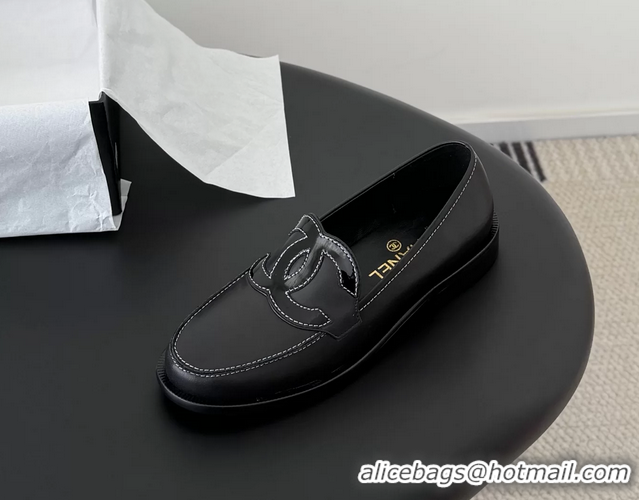 Top Grade Chanel CC Logo Black Calfskin Leather Flat Loafers Shoes 6051206