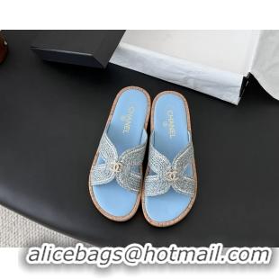 Hot Style Chanel CC Light Blue Raffia Flat Slides Sandals Shoes 6051207