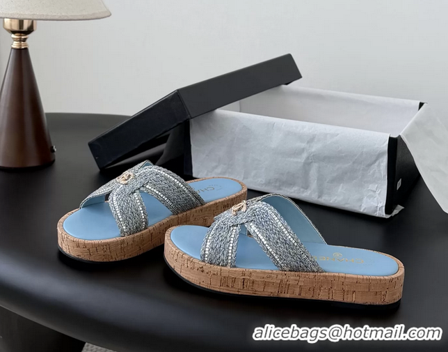 Hot Style Chanel CC Light Blue Raffia Flat Slides Sandals Shoes 6051207