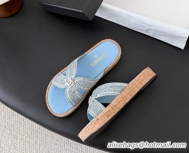 Hot Style Chanel CC Light Blue Raffia Flat Slides Sandals Shoes 6051207