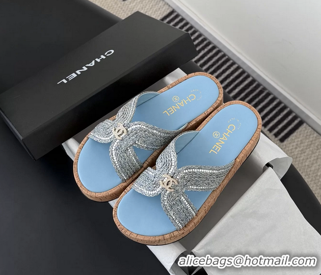Hot Style Chanel CC Light Blue Raffia Flat Slides Sandals Shoes 6051207