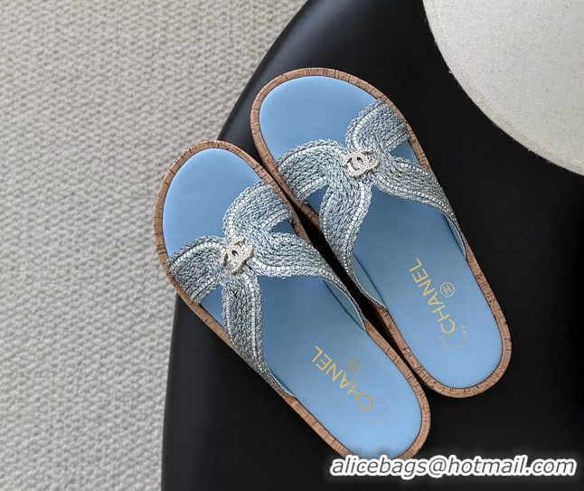 Hot Style Chanel CC Light Blue Raffia Flat Slides Sandals Shoes 6051207