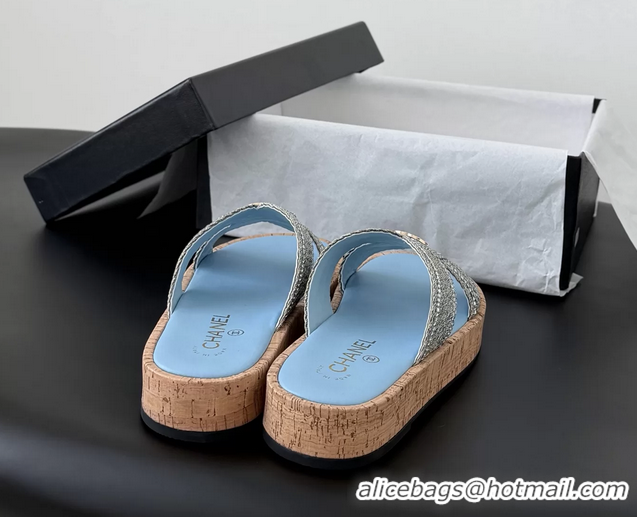 Hot Style Chanel CC Light Blue Raffia Flat Slides Sandals Shoes 6051207
