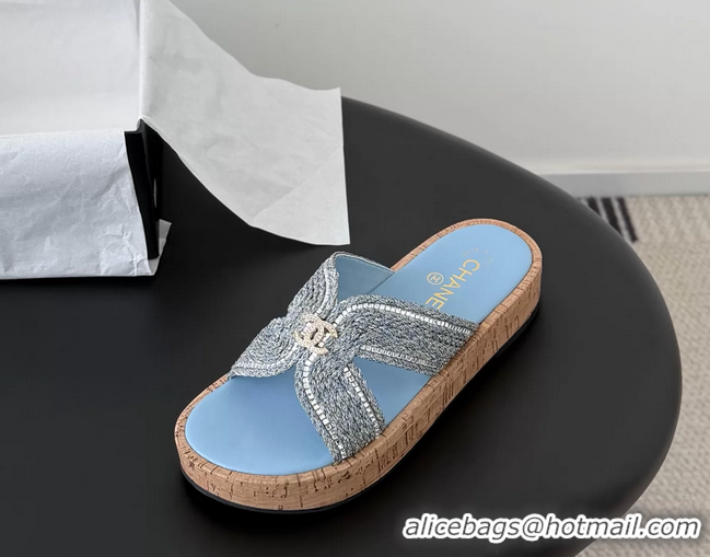 Hot Style Chanel CC Light Blue Raffia Flat Slides Sandals Shoes 6051207