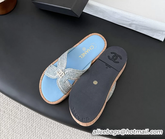 Hot Style Chanel CC Light Blue Raffia Flat Slides Sandals Shoes 6051207