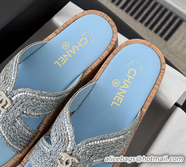 Hot Style Chanel CC Light Blue Raffia Flat Slides Sandals Shoes 6051207