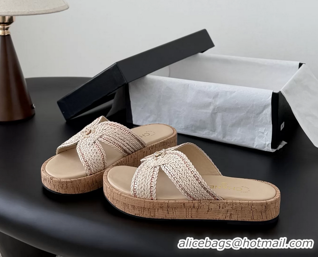 Sophisticated Chanel CC Beige Raffia Flat Slides Sandals Shoes 6051208