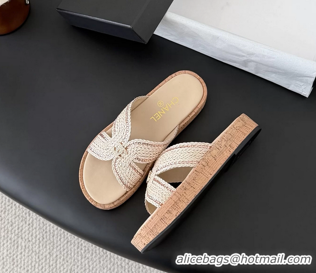 Sophisticated Chanel CC Beige Raffia Flat Slides Sandals Shoes 6051208