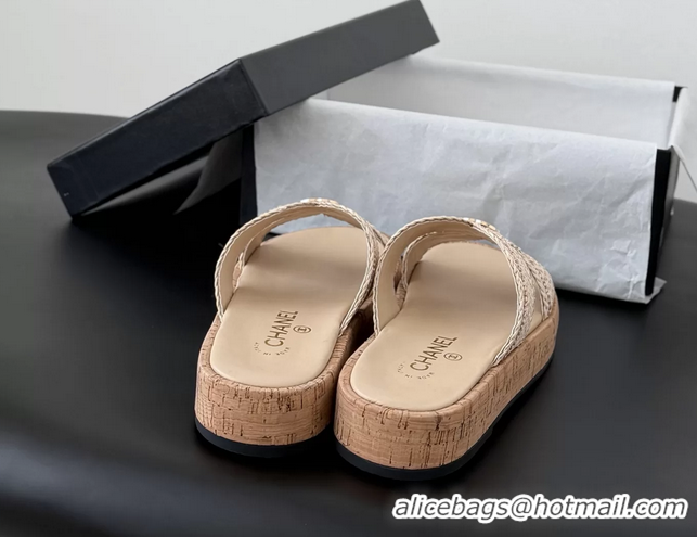 Sophisticated Chanel CC Beige Raffia Flat Slides Sandals Shoes 6051208