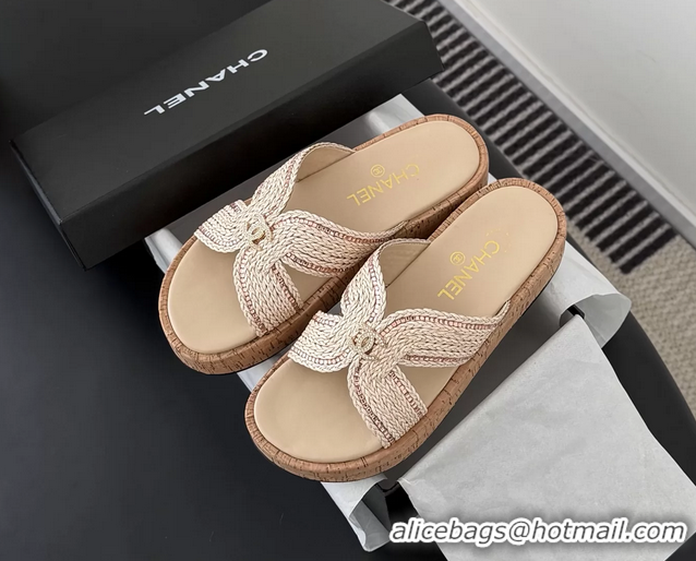 Sophisticated Chanel CC Beige Raffia Flat Slides Sandals Shoes 6051208