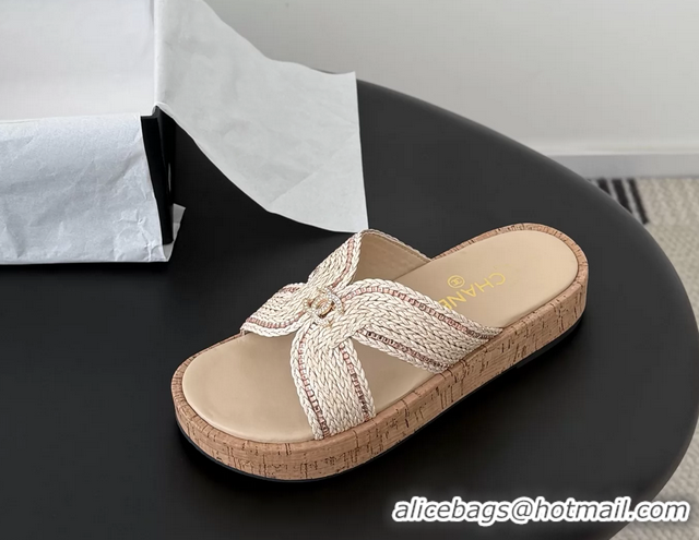 Sophisticated Chanel CC Beige Raffia Flat Slides Sandals Shoes 6051208