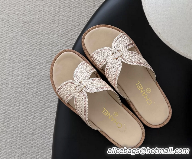 Sophisticated Chanel CC Beige Raffia Flat Slides Sandals Shoes 6051208